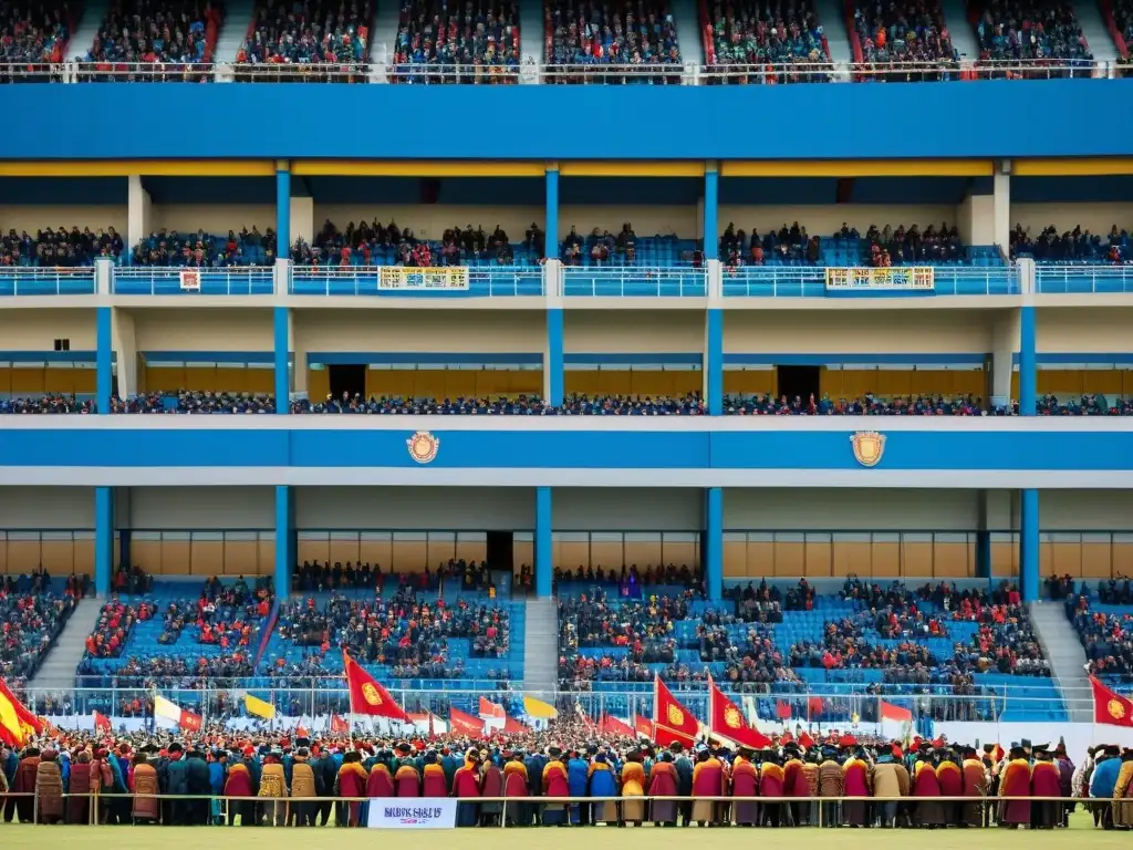 Multitud en el estadio durante el Festival Naadam en Mongolia, con atuendos tradicionales y emocionante energía cultural