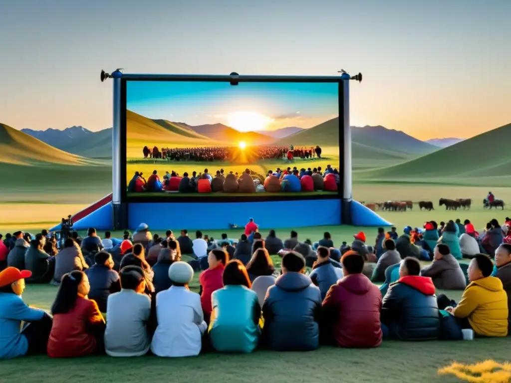 Festival de Cine Mongol: Tradición y Pasión Multitud en festival de cine mongol, con proyección al aire libre, paisaje y jóvenes cineastas debatiendo