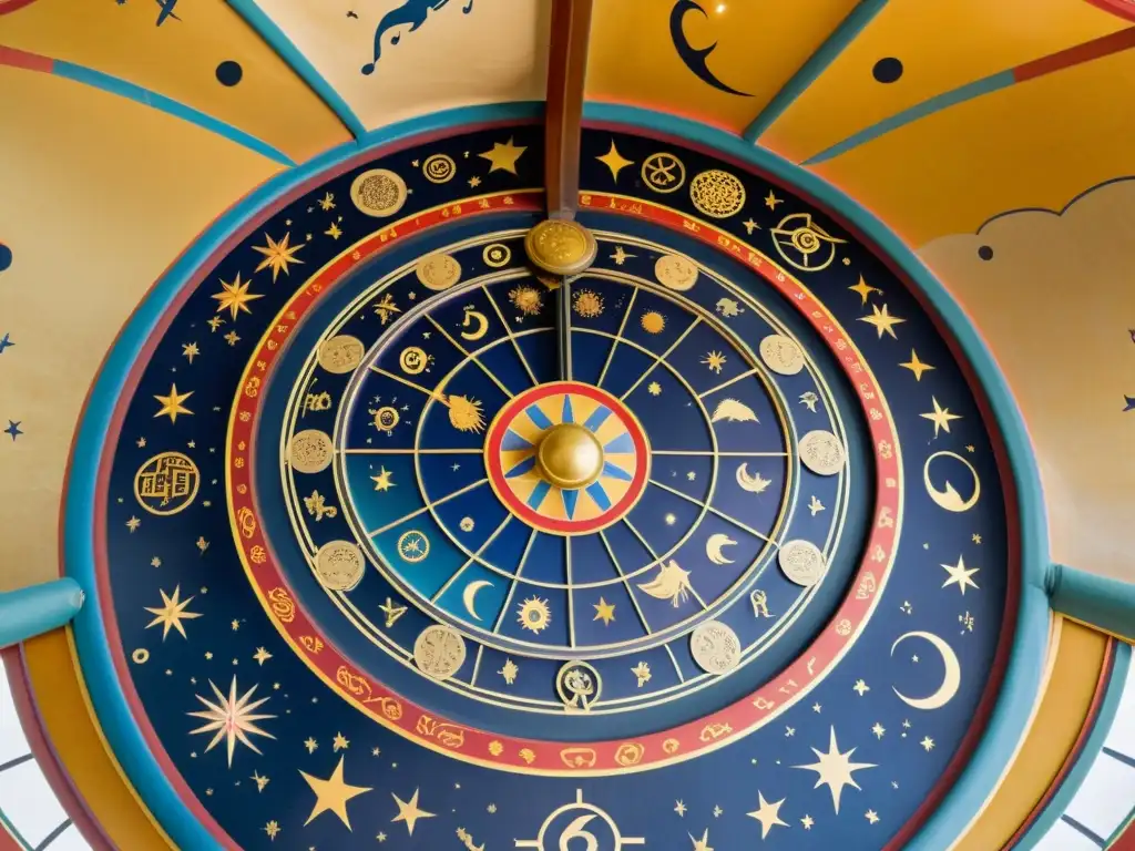 Un mural celestial en una yurta mongola con astros y músico, reflejando la astrología en la cultura mongola