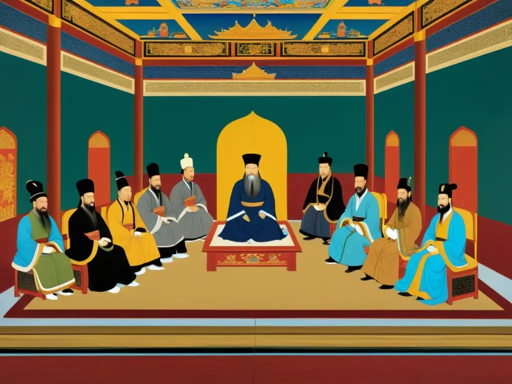 Un mural detallado muestra a Kublai Khan y la dinastía Yuan en una reunión diplomática, con una atmósfera opulenta y majestuosa