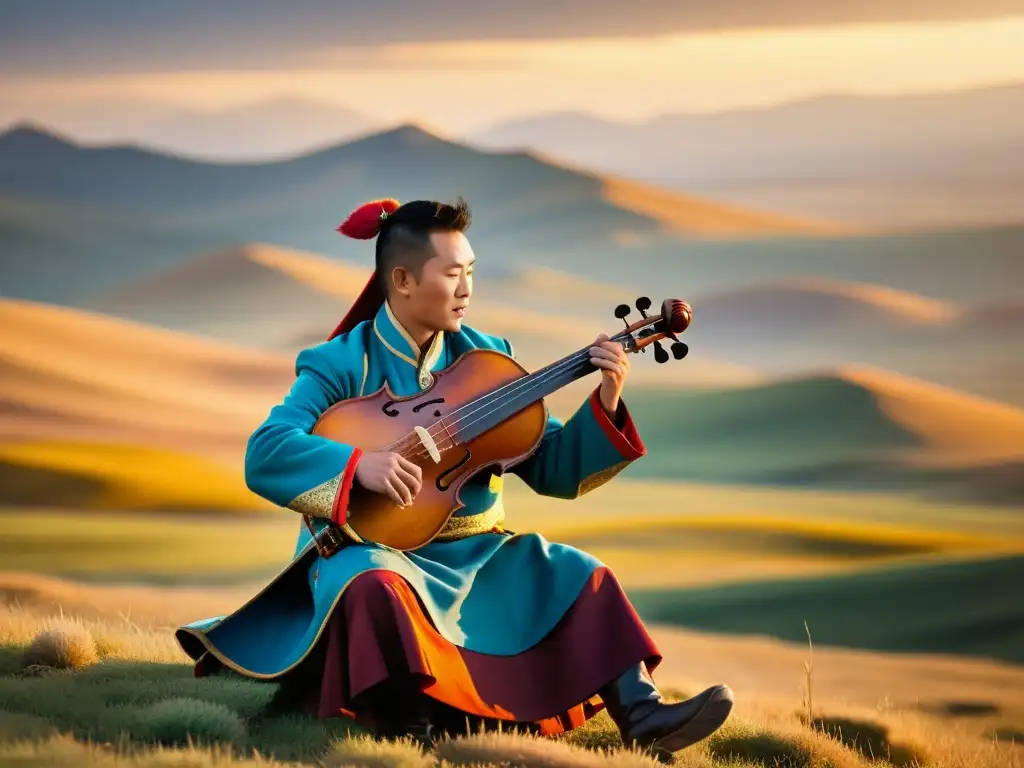 Un músico viste atuendo tradicional mongol y toca un morin khuur en las vastas estepas al atardecer