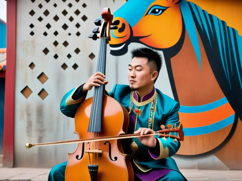Un músico contemporáneo toca el 'morin khuur' en una ciudad mongola, fusionando tradición y modernidad