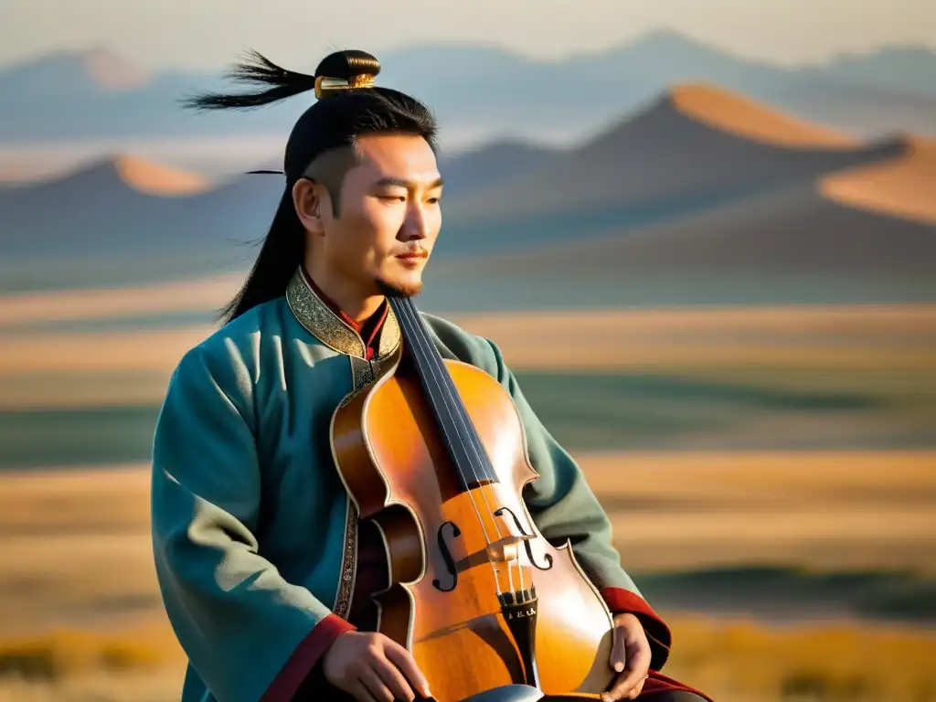 Músico mongol habilidoso sosteniendo un Morin Khuur en la vasta estepa de Mongolia al atardecer