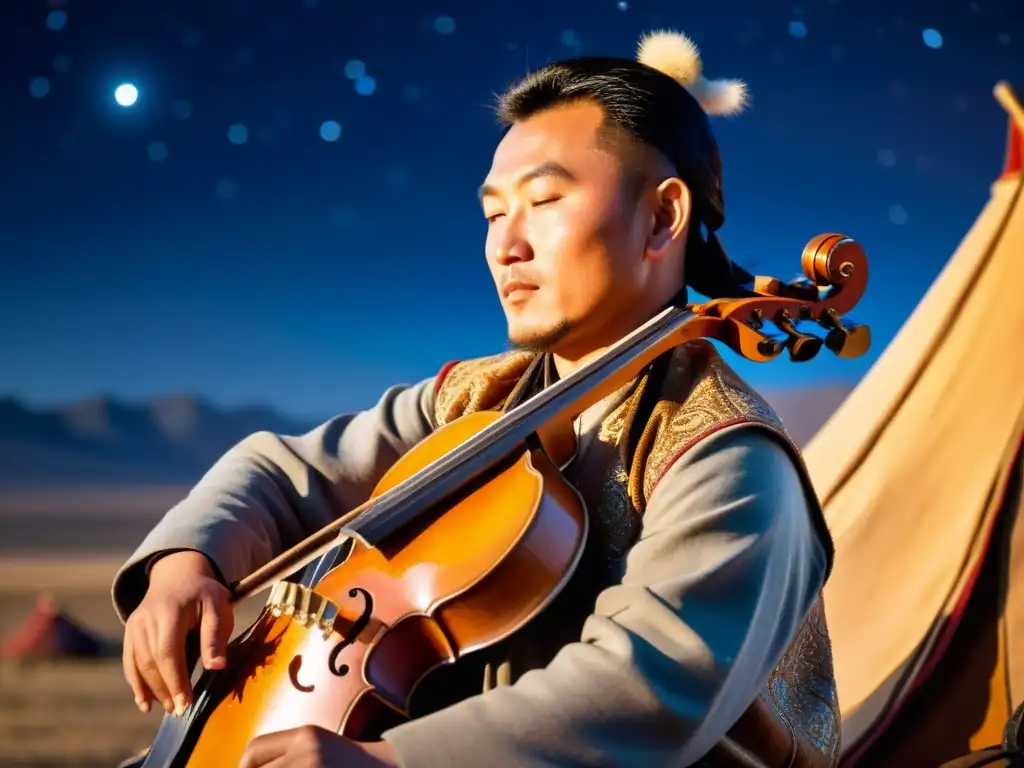 Un músico mongol toca el Morin khuur bajo un cielo estrellado, fusionando la astrología con la cultura mongola