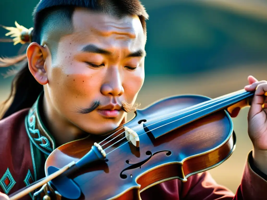 Un músico mongol toca apasionadamente el Morin khuur, preservando la música y la danza tradicionales de Mongolia