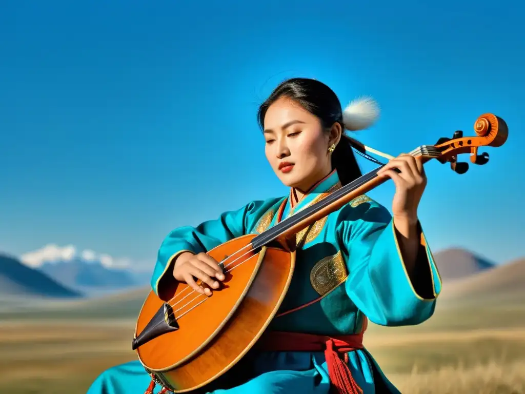 Un músico mongol toca el morin khuur en la vasta estepa, conectando la música tradicional con el paisaje