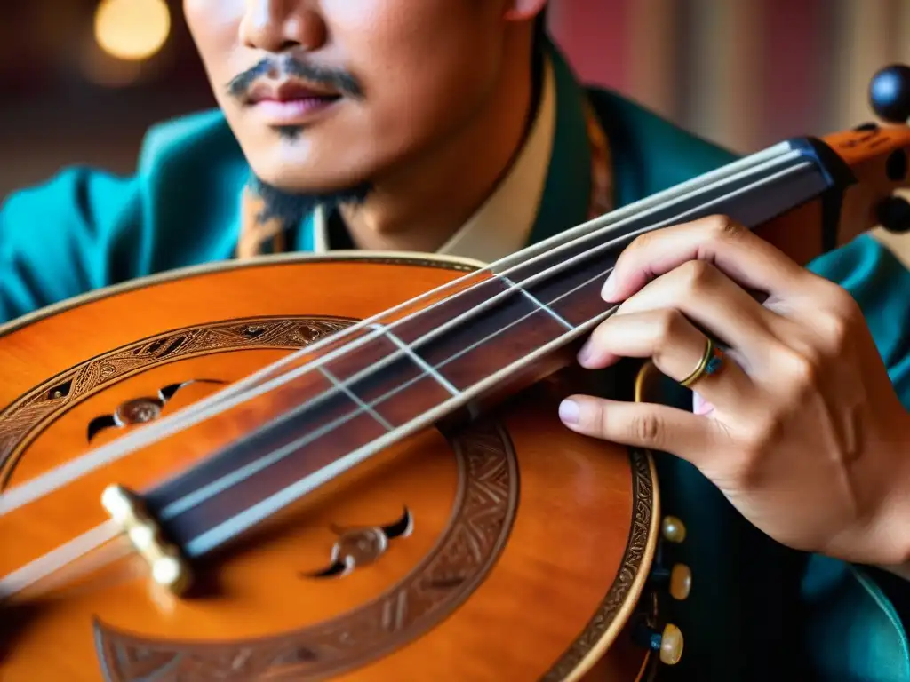 Un músico mongol toca el morin khuur con destreza, mostrando la rica tradición de instrumentos musicales tradicionales Mongolia