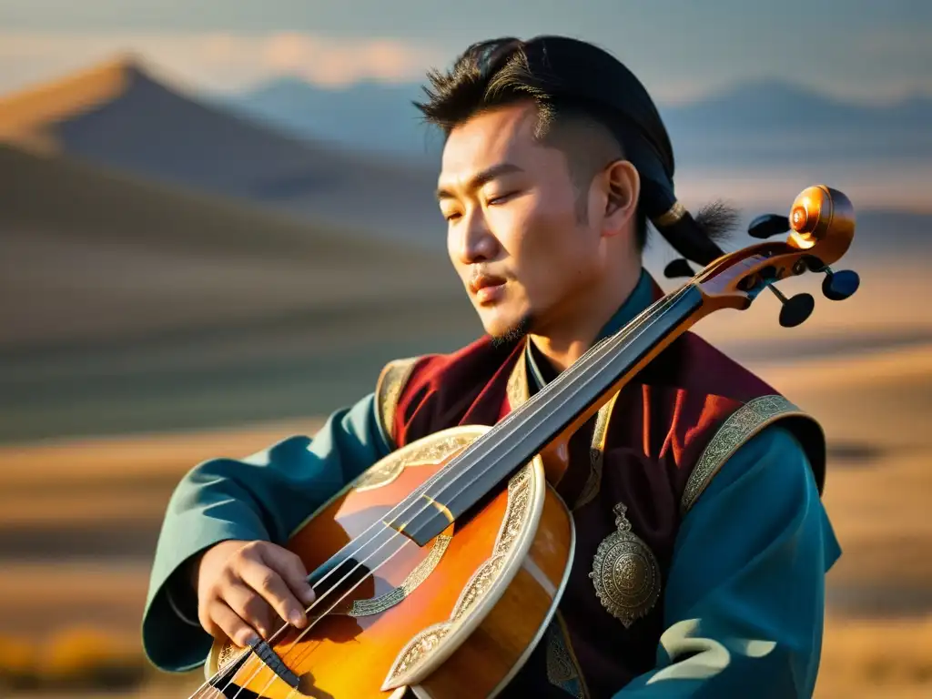 Un músico mongol toca el Morin Khuur en la vasta estepa, con detalles de su atuendo y el paisaje bañado por la cálida luz dorada
