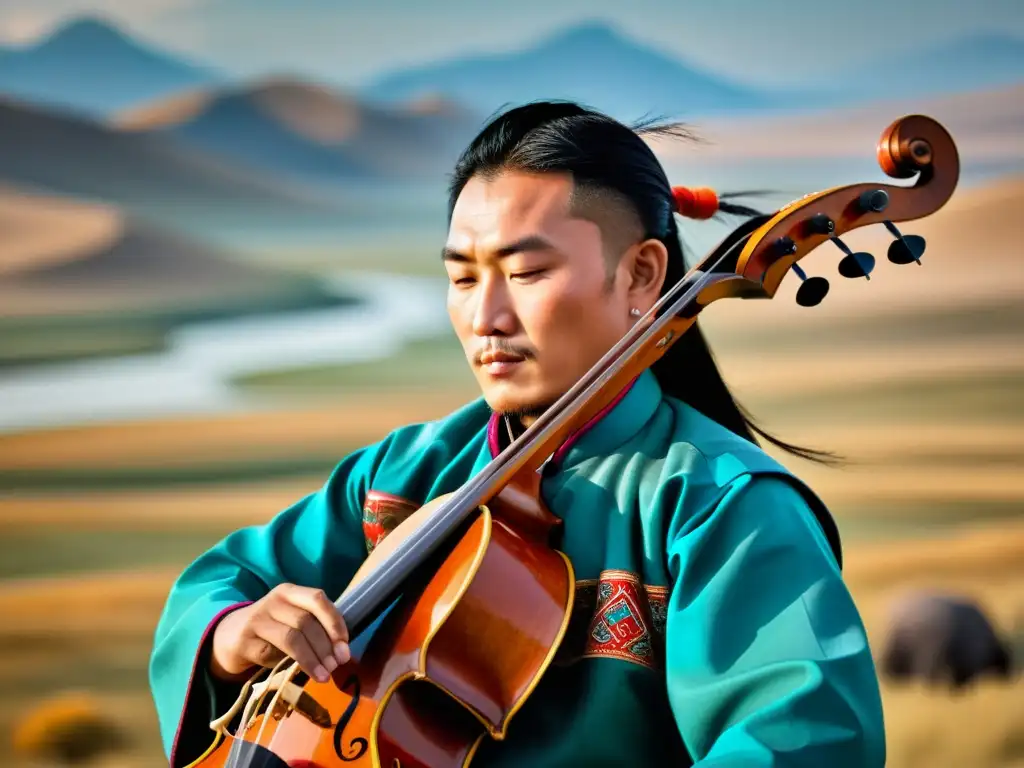 Un músico mongol toca el morin khuur en la vasta estepa, evocando la influencia musical del Imperio Mongol