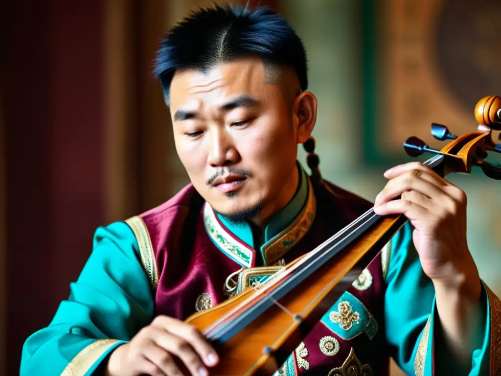 Un músico mongol toca el Morin Khuur con pasión en la vasta y hermosa estepa de Mongolia