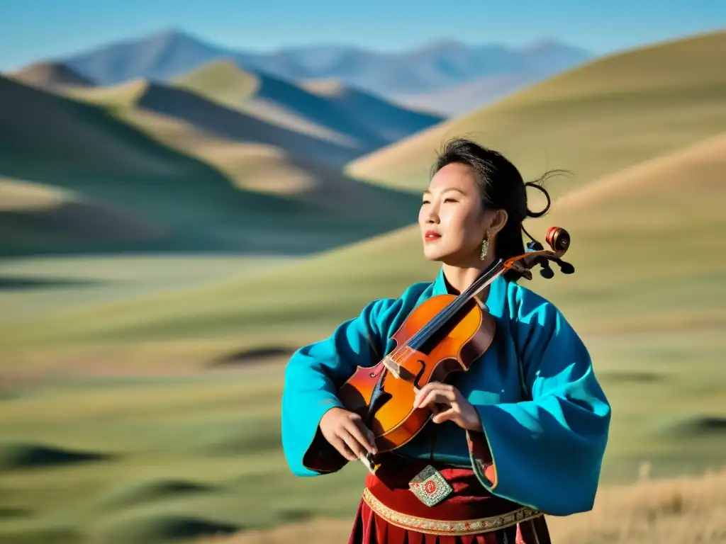 Un músico mongol viste trajes tradicionales, canta con pasión y toca el violín de cabeza de caballo en las vastas llanuras de Mongolia