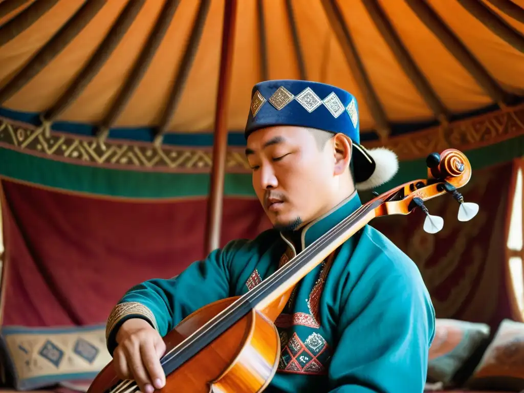 Un músico mongol ejecuta versos tradicionales líricos con el morin khuur en una yurta llena de arte vibrante