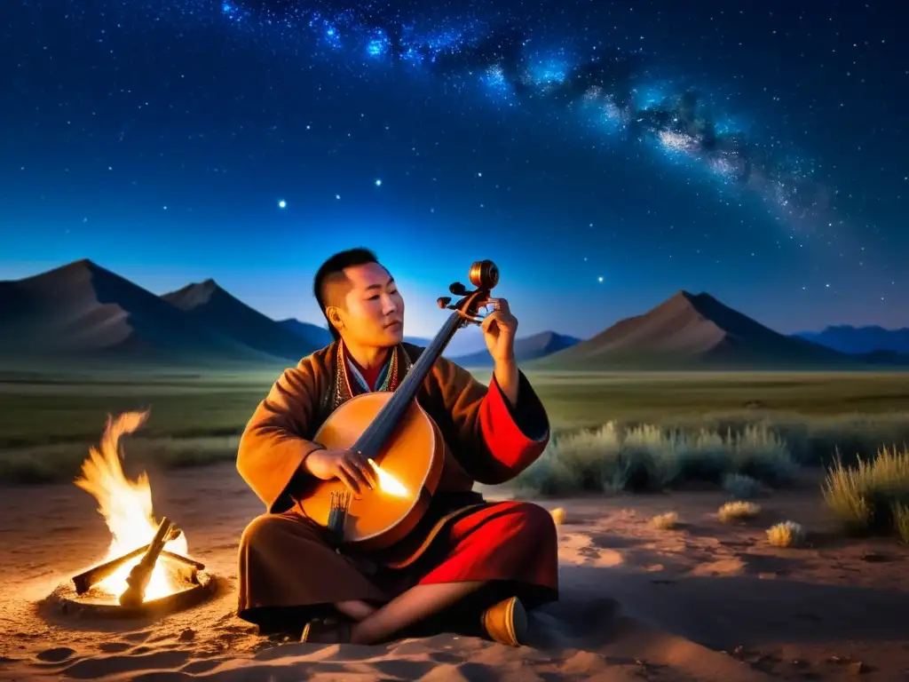 Un músico mongol toca el violín bajo un cielo estrellado, iluminado por el fuego