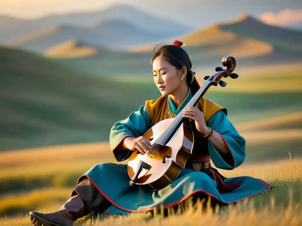 Un músico nómada mongol toca el morin khuur al atardecer en las vastas praderas