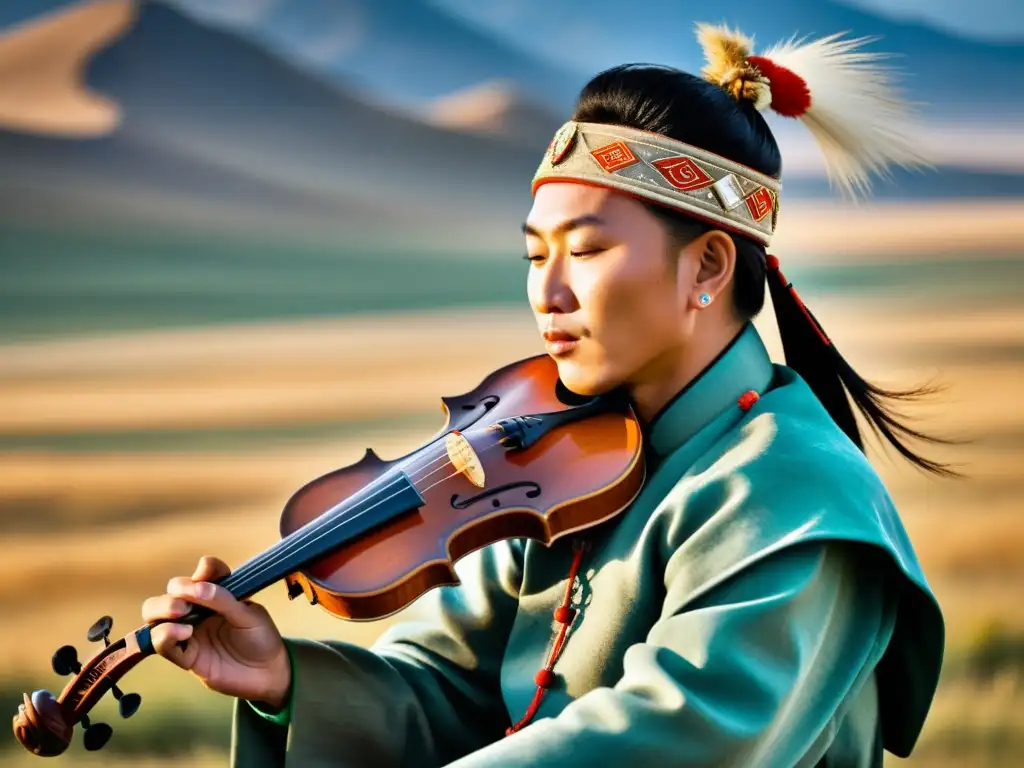 Un músico toca el morin khuur en la estepa mongola al atardecer, conectando con la música tradicional de la orquesta mongola