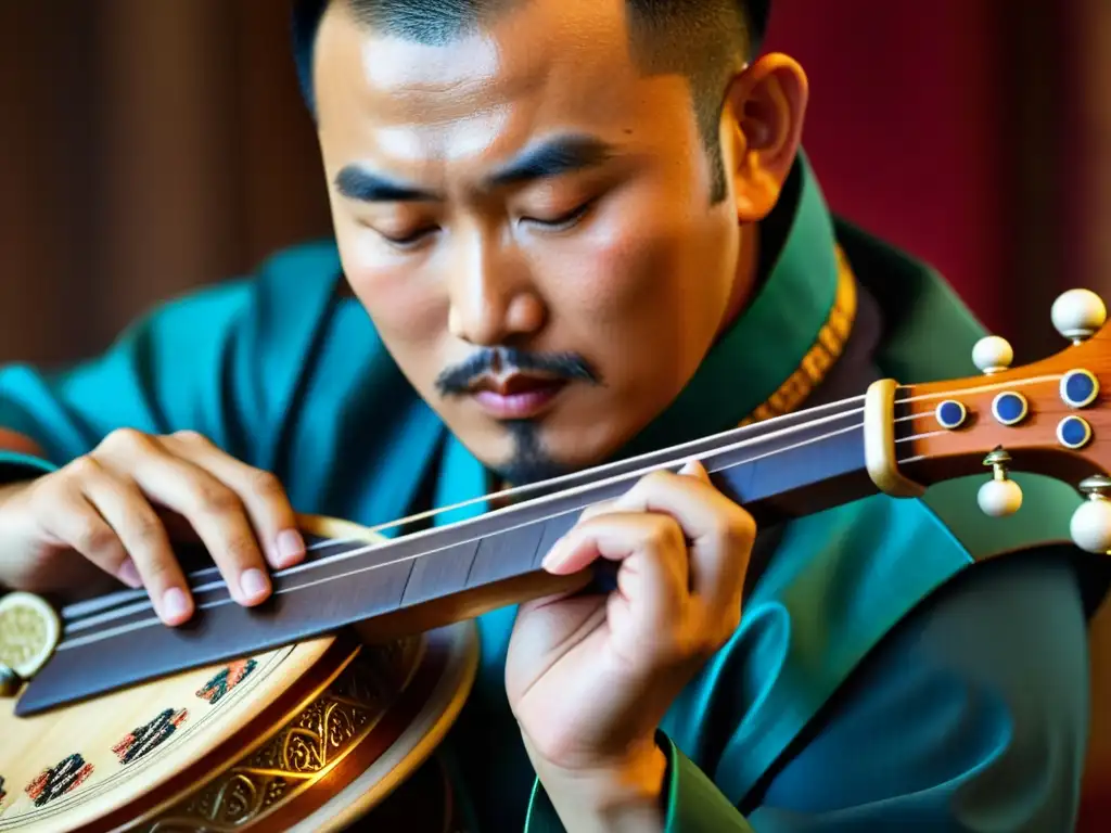 Un músico toca el Morin Khuur en un festival de música, destacando la artesanía y la cultura del instrumento