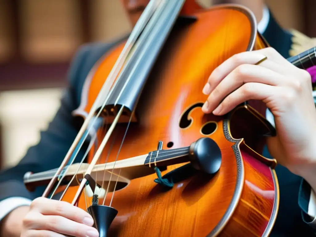 Un músico hábil toca el Morin Khuur en primer plano, mostrando la exquisita artesanía y movimiento delicado de sus manos en las cuerdas