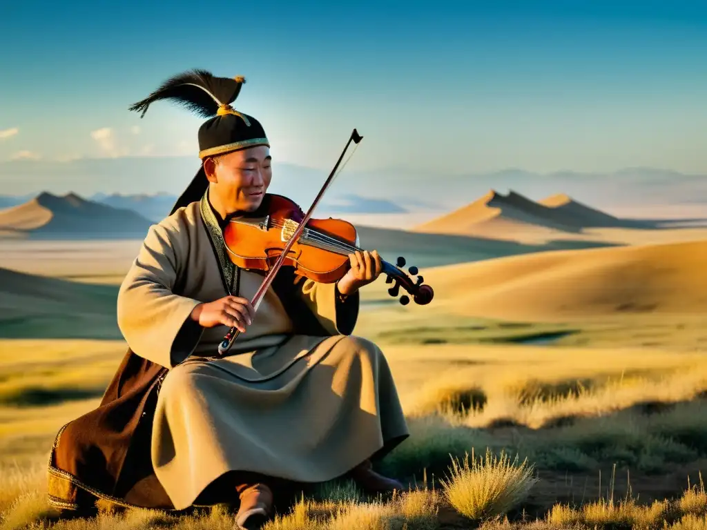 Un músico nómada mongol tocando el morin khuur en la vasta estepa, evocando la riqueza del arte y música nómada Mongolia