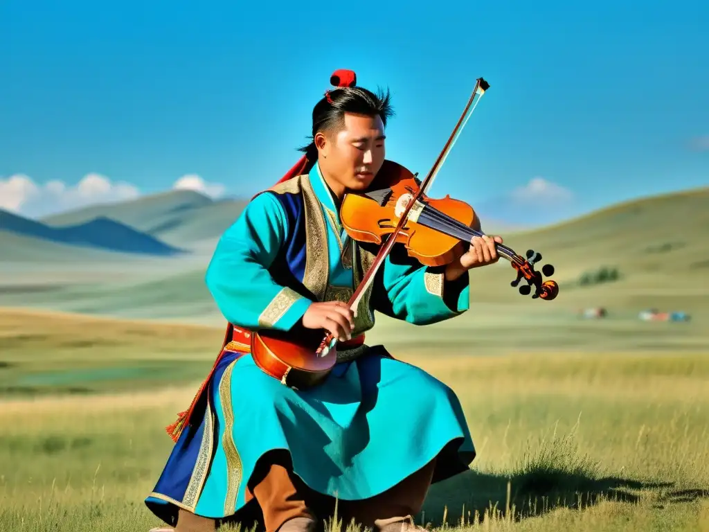 Un músico tradicional mongol toca su morin khuur en la vasta estepa, mostrando la autenticidad cultural y la conexión con la naturaleza