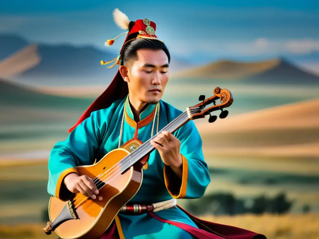 Un músico tradicional mongol toca el Morin Khuur en la vasta estepa, transmitiendo la pasión del Festival de música Morin Khuur en Mongolia