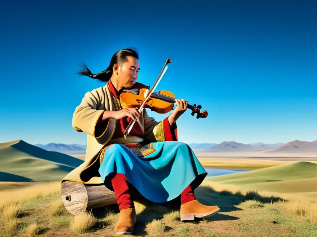 Un músico tradicional mongol toca el morin khuur en la vasta estepa mongola, bajo un cielo azul