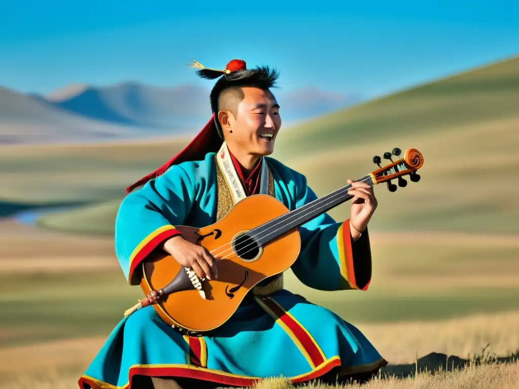 Un músico tradicional mongol toca el morin khuur en las vastas estepas, destacando la influencia musical del Imperio Mongol