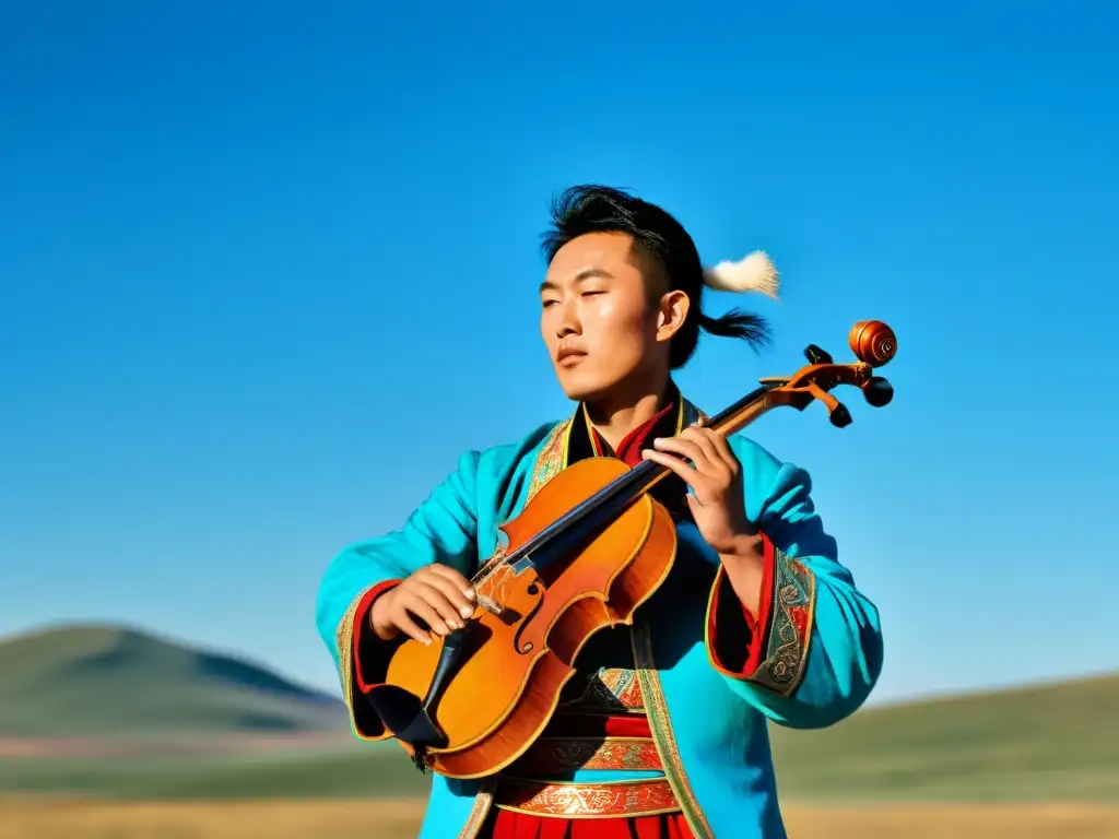 Un músico tradicional de Mongolia toca el morin khuur en la vasta estepa mongola, rodeado de colinas, yurtas y un cielo azul