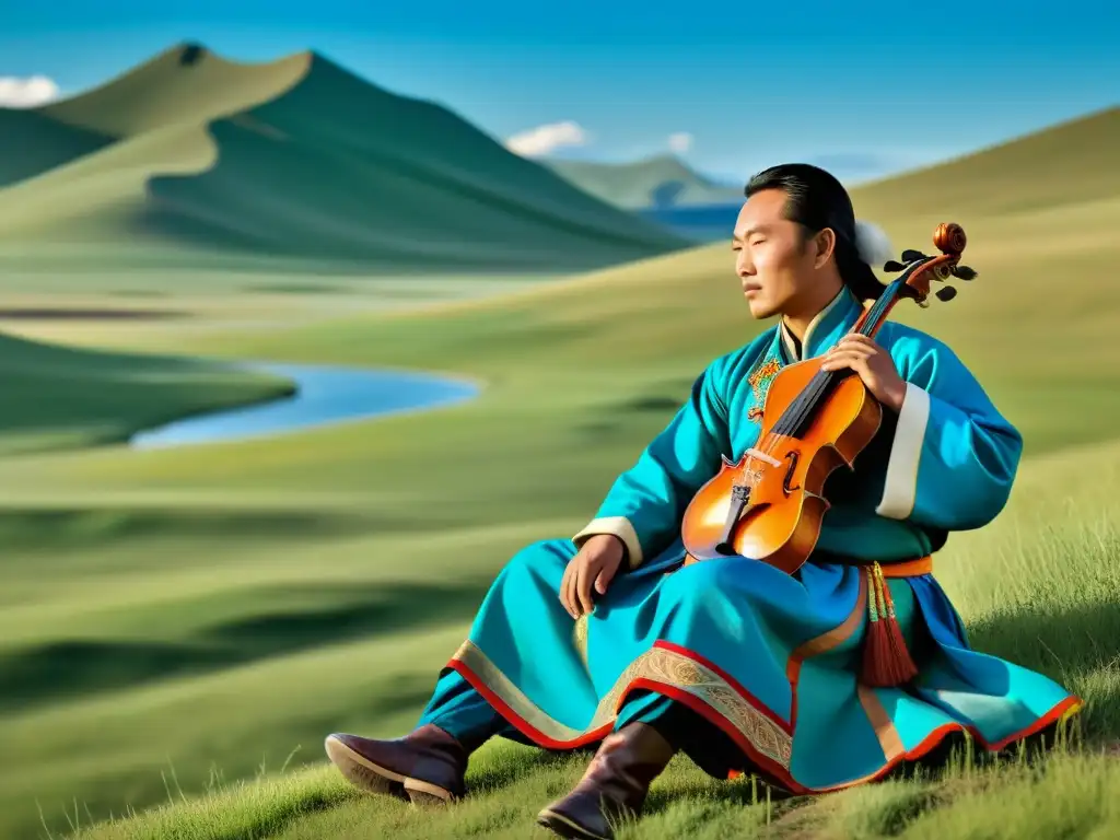 Un músico tradicional mongol toca el violín de cabeza de caballo en la vasta estepa de Mongolia