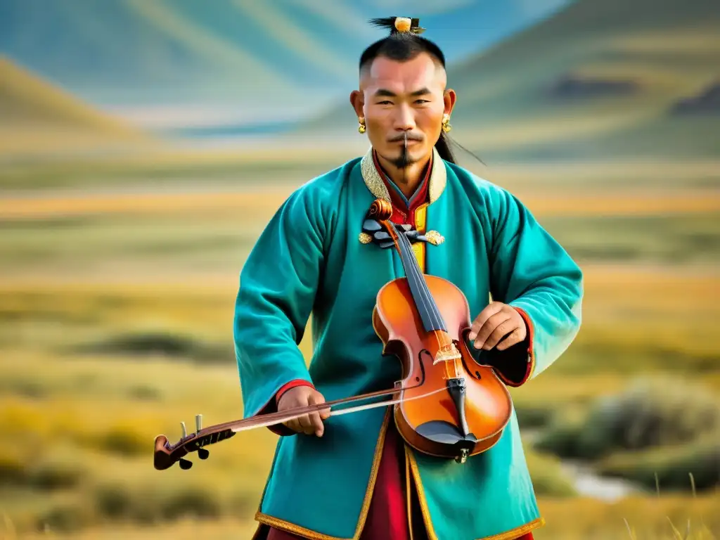 Un músico nómada mongol toca el violín de cabeza de caballo en las vastas praderas, mostrando la rica tradición musical de Mongolia