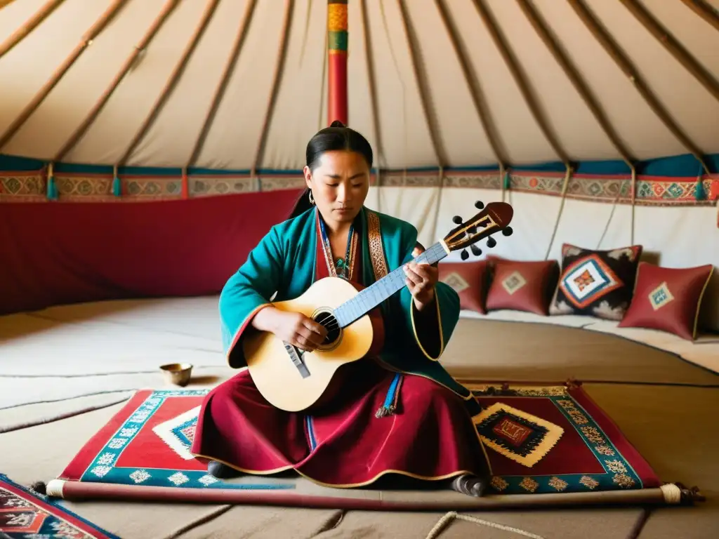 Un músico mongol nómada toca su violín con intensidad dentro de una yurta, envuelto en colores y patrones