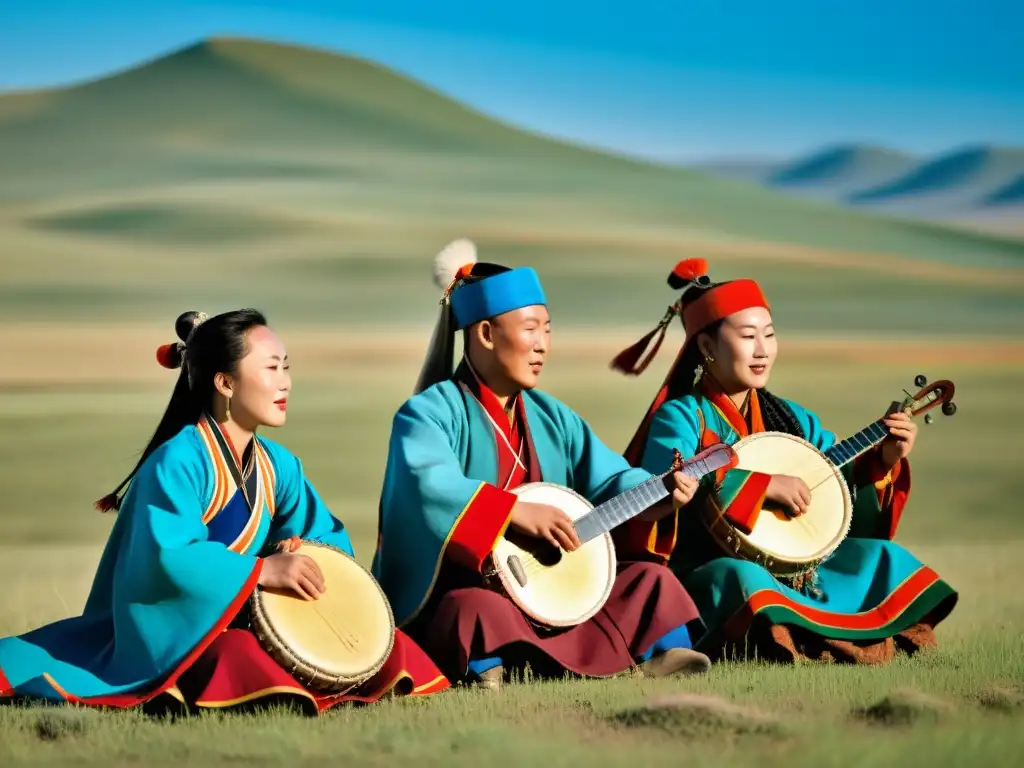 Músicos mongolas en la estepa, tocando instrumentos y cantando los cantos largos tradicionales de Mongolia, rodeados de naturaleza y emoción