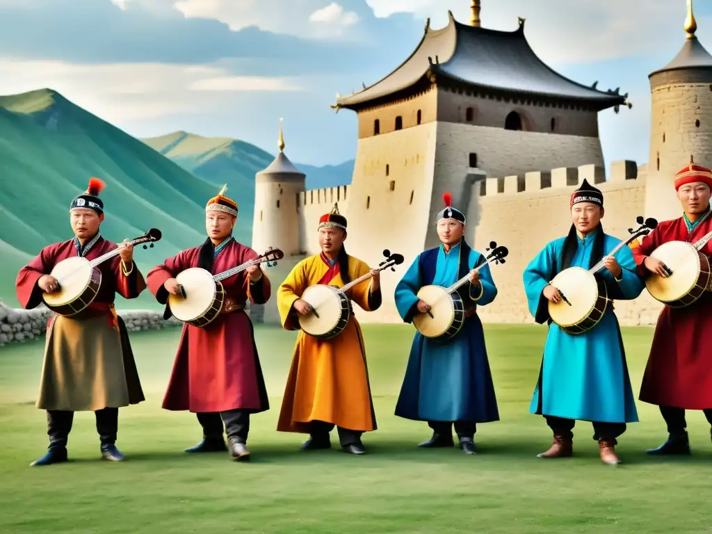 Músicos mongoles interpretando música de garganta y violín de cabeza de caballo frente a un castillo europeo, demostrando la influencia mongol en arte europeo