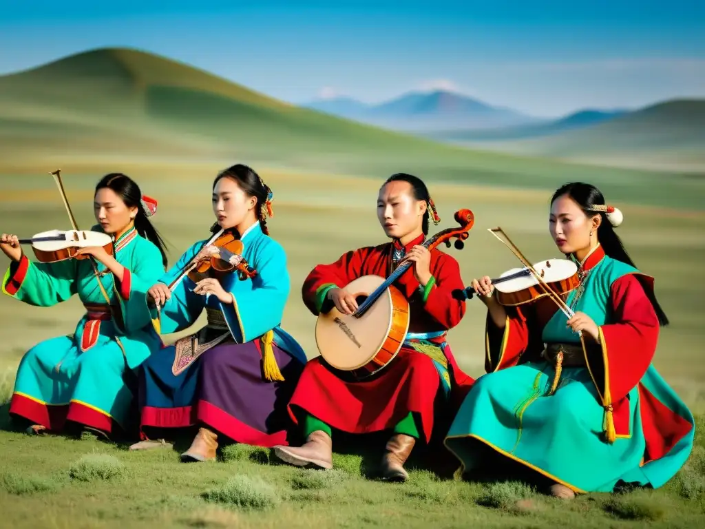 Músicos mongoles interpretando música tradicional con influencia musical del Imperio Mongol en la vasta estepa