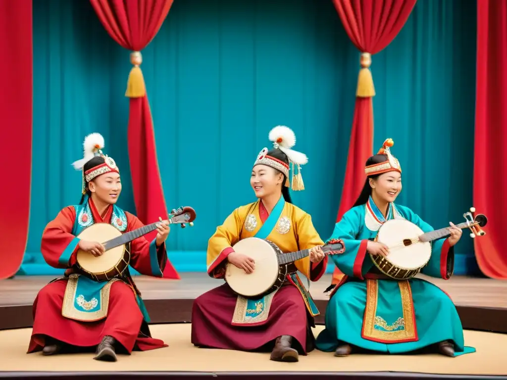 Músicos mongoles en trajes tradicionales tocando instrumentos antiguos en un escenario colorido, transmitiendo pasión y cultura