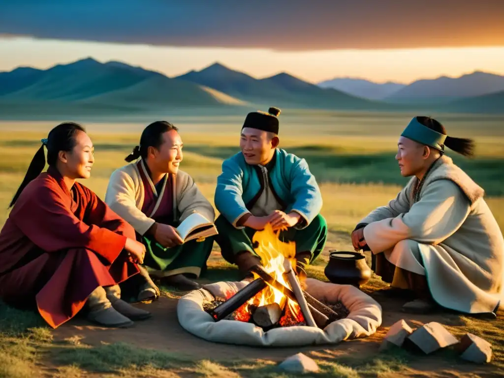 Narradores en sociedad mongola comparten historias alrededor de la fogata en la vasta estepa, con la luz cálida del atardecer iluminando sus rostros