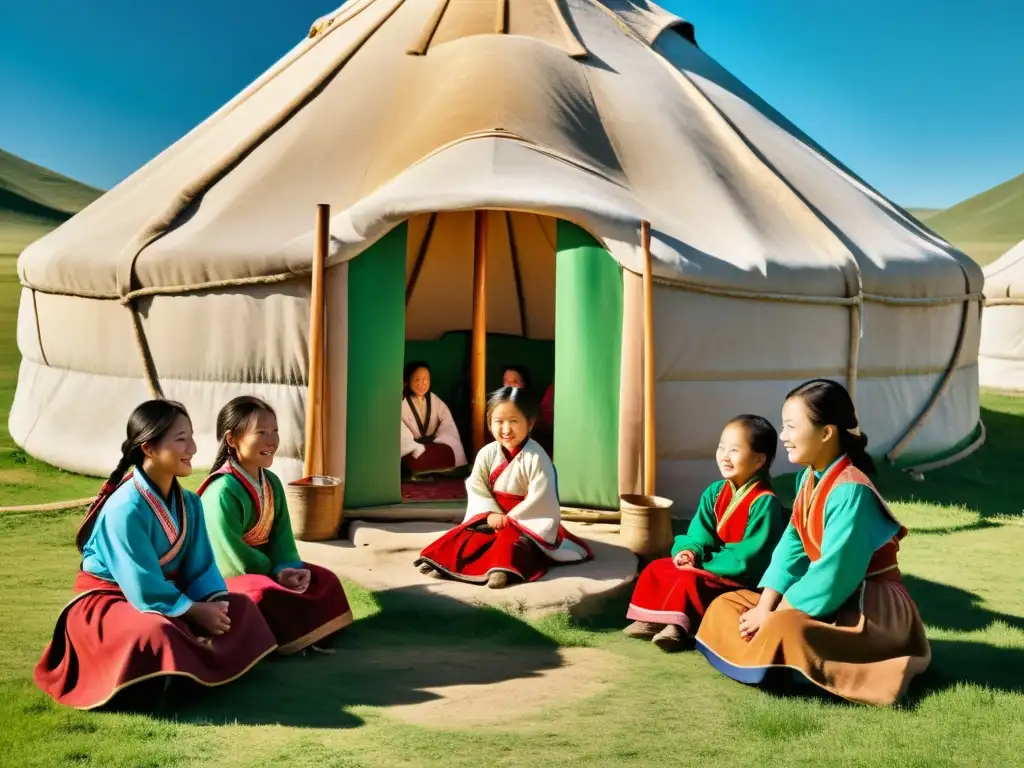 Niñas mongolas estudian juntas bajo el cielo azul, rodeadas de naturaleza, mientras una mujer mayor las observa con cariño