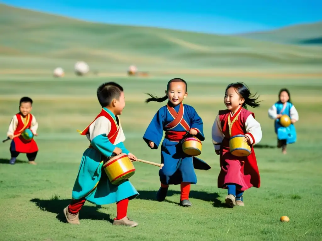 Niños mongolas juegan tradicionales juegos en la pradera, rodeados de colinas y cielo azul