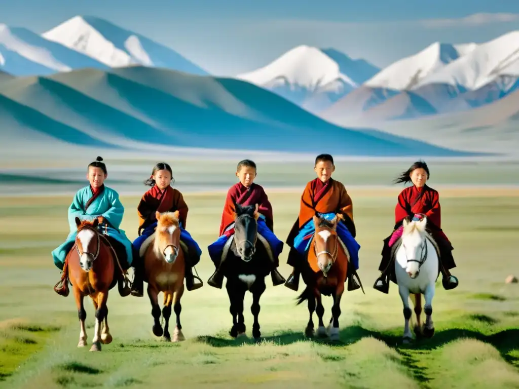 Niños mongoles heredando ganado a caballo en la vasta estepa, con montañas nevadas al fondo