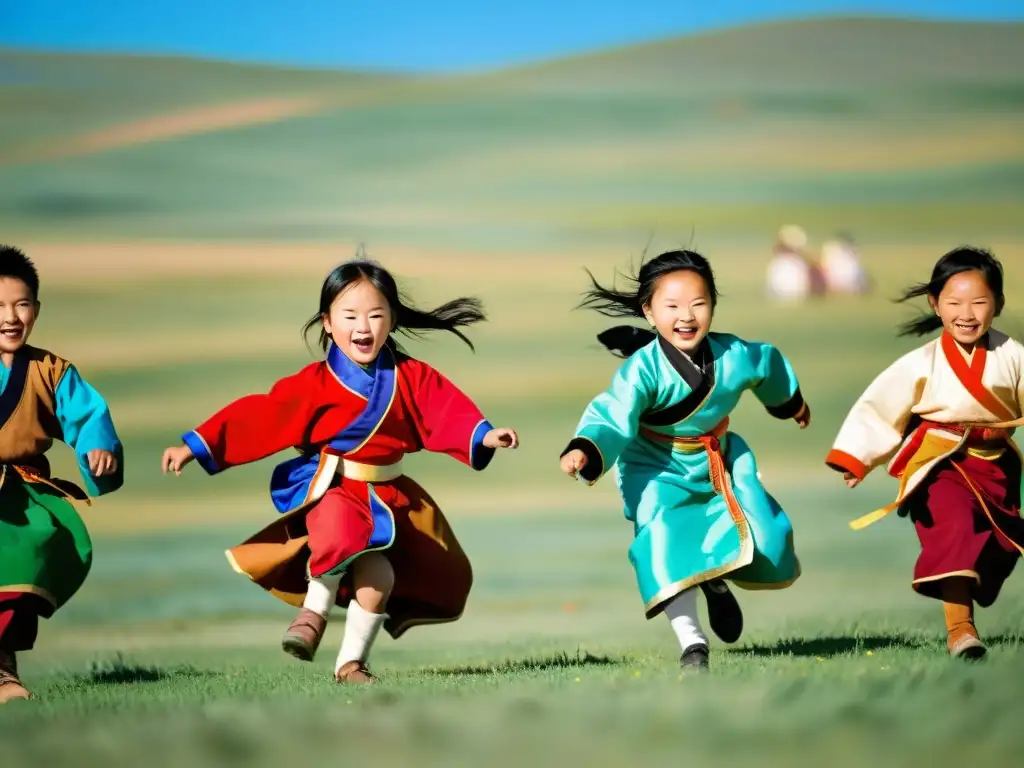 Niños mongoles juegan carreras de caballos en la pradera, vistiendo trajes tradicionales coloridos