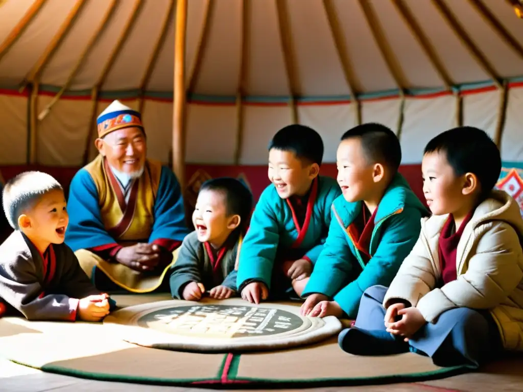 Niños mongoles aprenden el idioma mongol en una yurta tradicional del Imperio, guiados por ancianos sabios