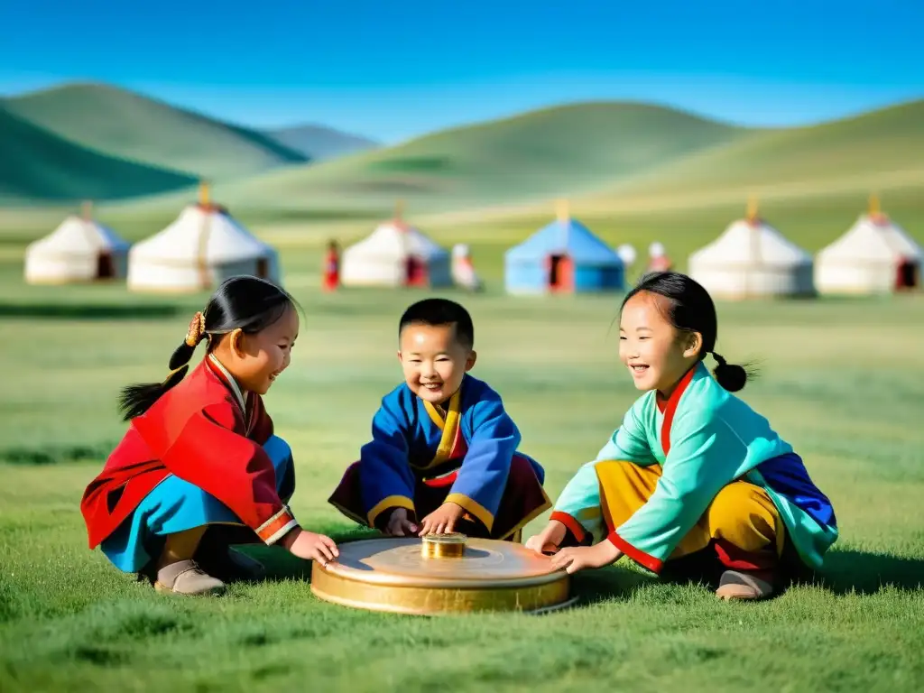 Niños mongoles disfrutan de tradiciones lúdicas en la vida cotidiana, rodeados de hermosos paisajes y yurtas tradicionales