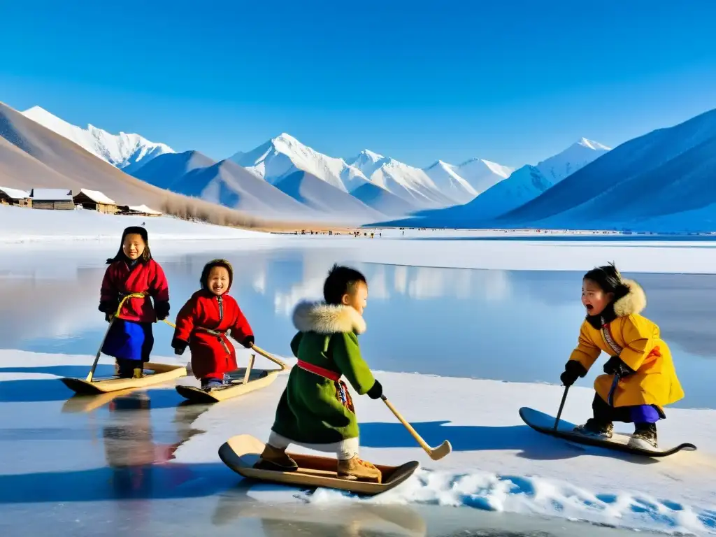 Niños mongolos disfrutan juegos de invierno en la nieve, deslizándose en trineos y jugando al fútbol sobre hielo