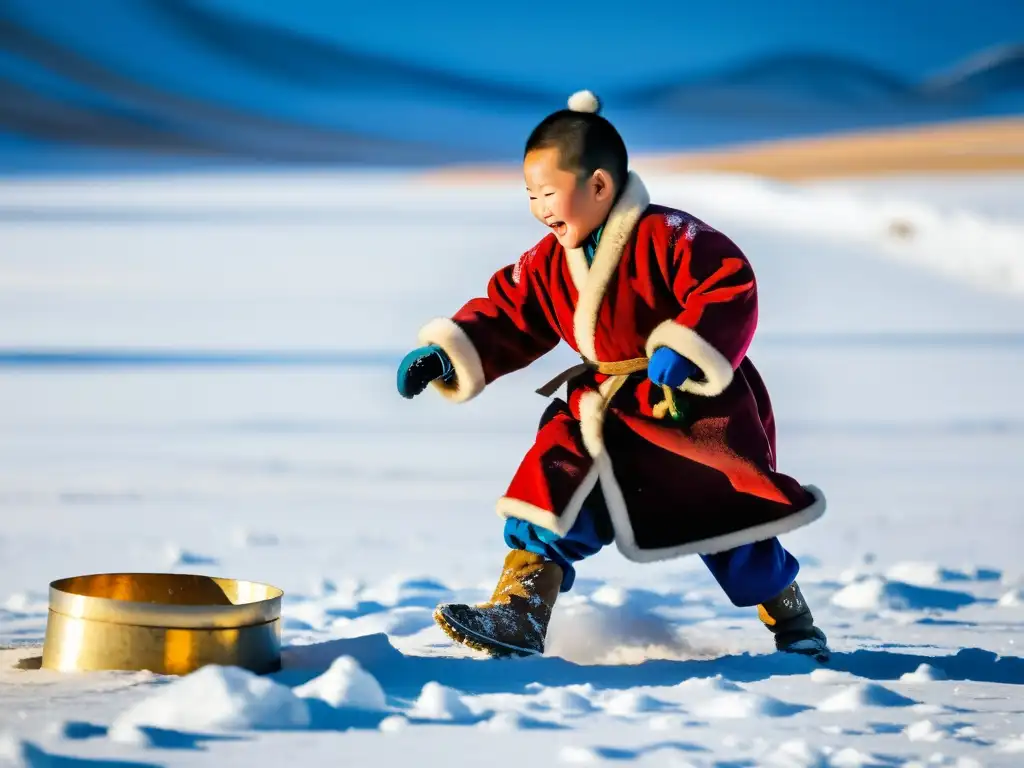 Niños mongolos disfrutan de juegos de invierno en la estepa nevada, vistiendo trajes tradicionales y celebrando su festival cultural