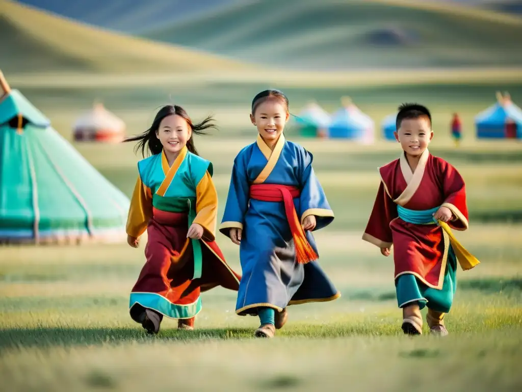 Niños mongolos juegan juegos tradicionales en las praderas, mostrando la alegría y la importancia cultural en la sociedad actual de Mongolia