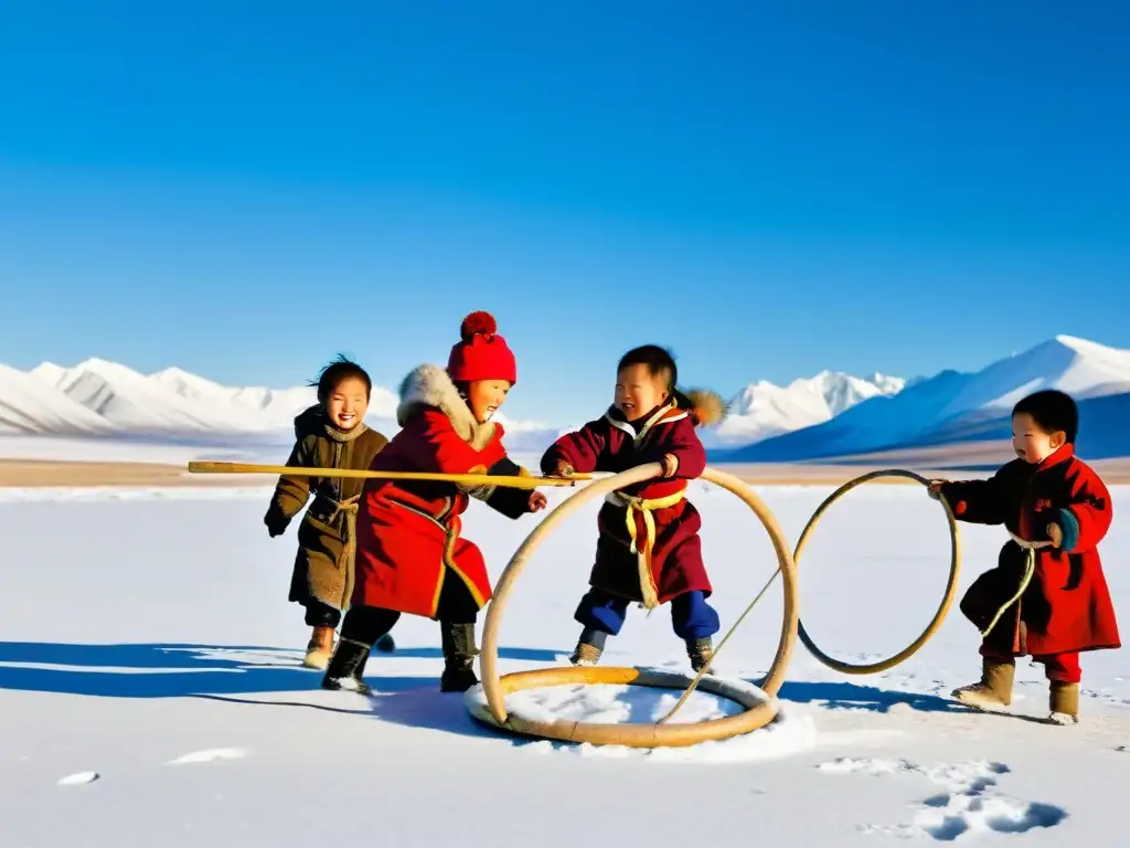 Niños mongolos juegan 'Khorol' en la nieve, con ropa vibrante y montañas al fondo