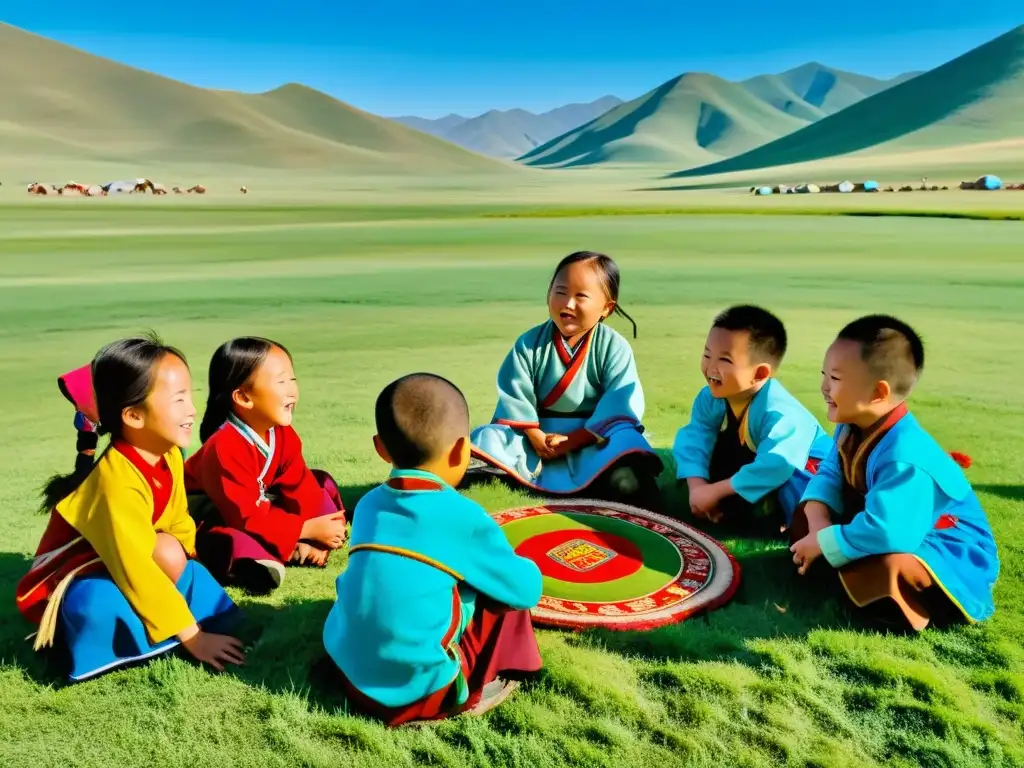 Niños nómadas mongoles juegan tradicionales juegos con piezas coloridas en la estepa, reflejando la rica herencia de entretenimiento nómada mongol