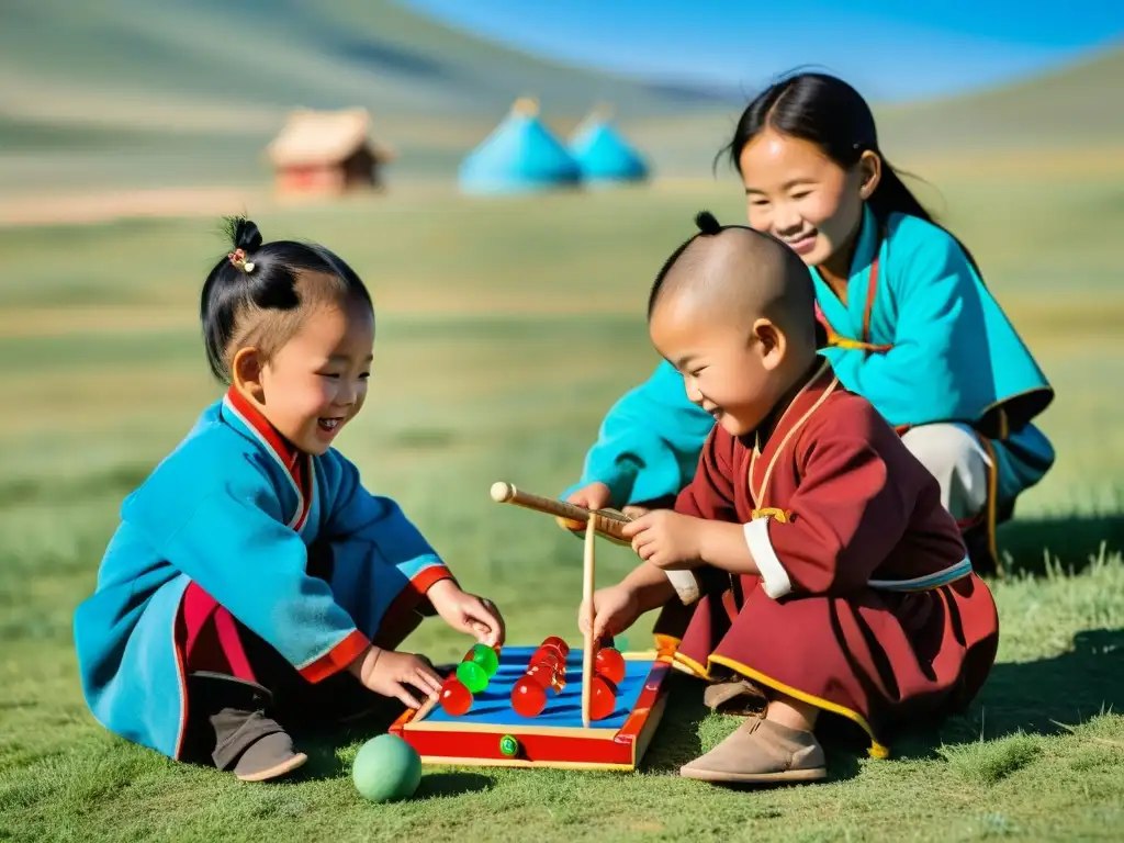 Niños nómadas mongolos disfrutan de juegos tradicionales en las praderas, mostrando alegría y camaradería