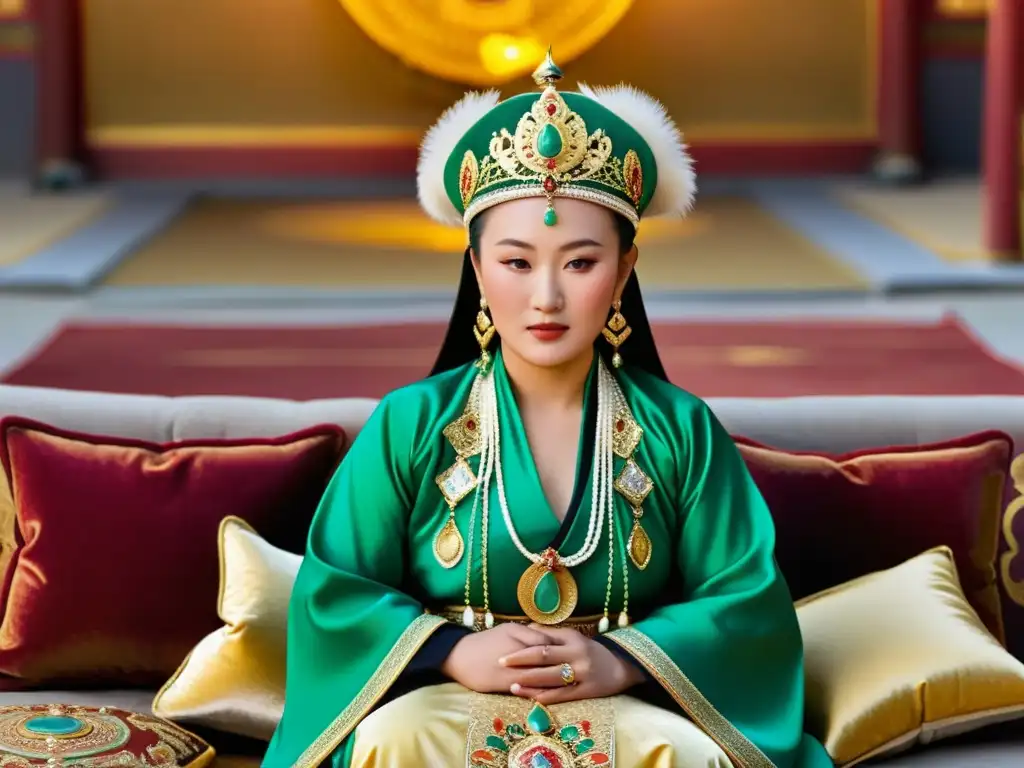 Una noble mongola con adornos de oro y jade, rodeada de lujo en la corte de Genghis Khan