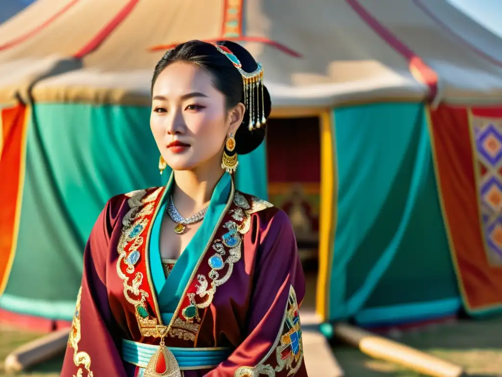 Nobleza mongola: Adornos y opulencia Una noble mujer mongola luce adornos y vestimenta tradicional, reflejando la importancia de la indumentaria en la cultura mongola