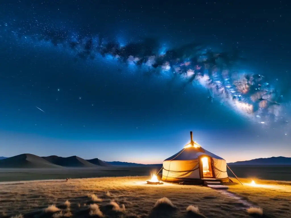 La noche estrellada de Mongolia revela el legado astronómico mongol era espacial, con la Vía Láctea y una ger iluminada por el fuego